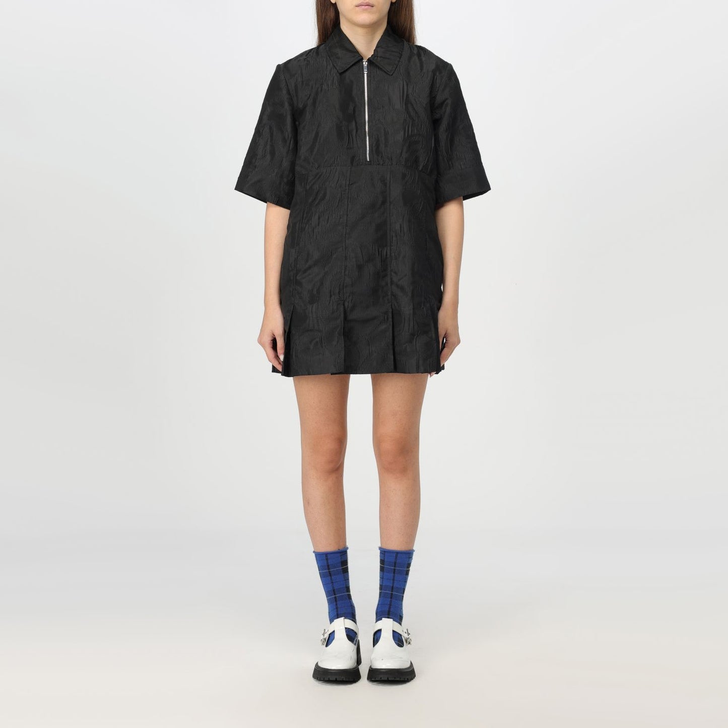 Ganni Textured Jacquard Mini Dress in Black, size 34