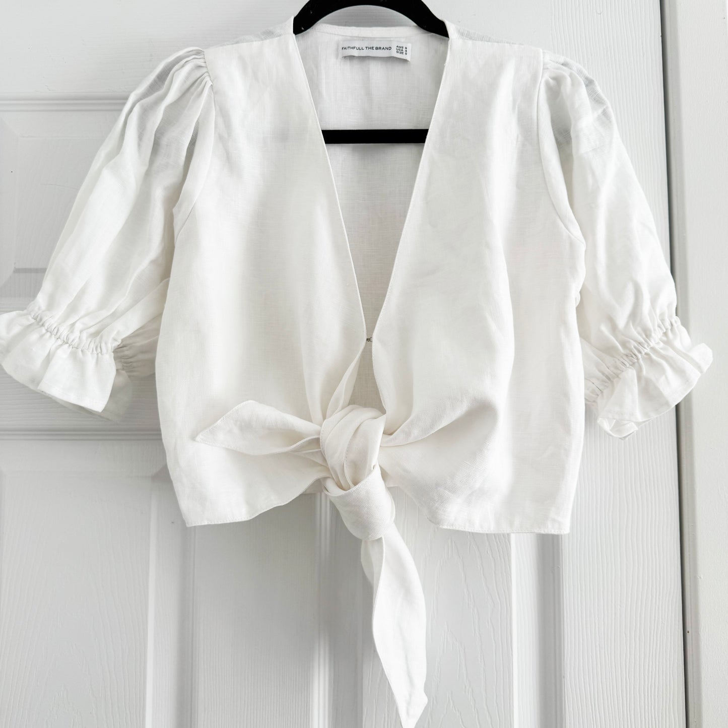 Faithfull the Brand "Jamais" Linen Tie Front Top in White, size 4
