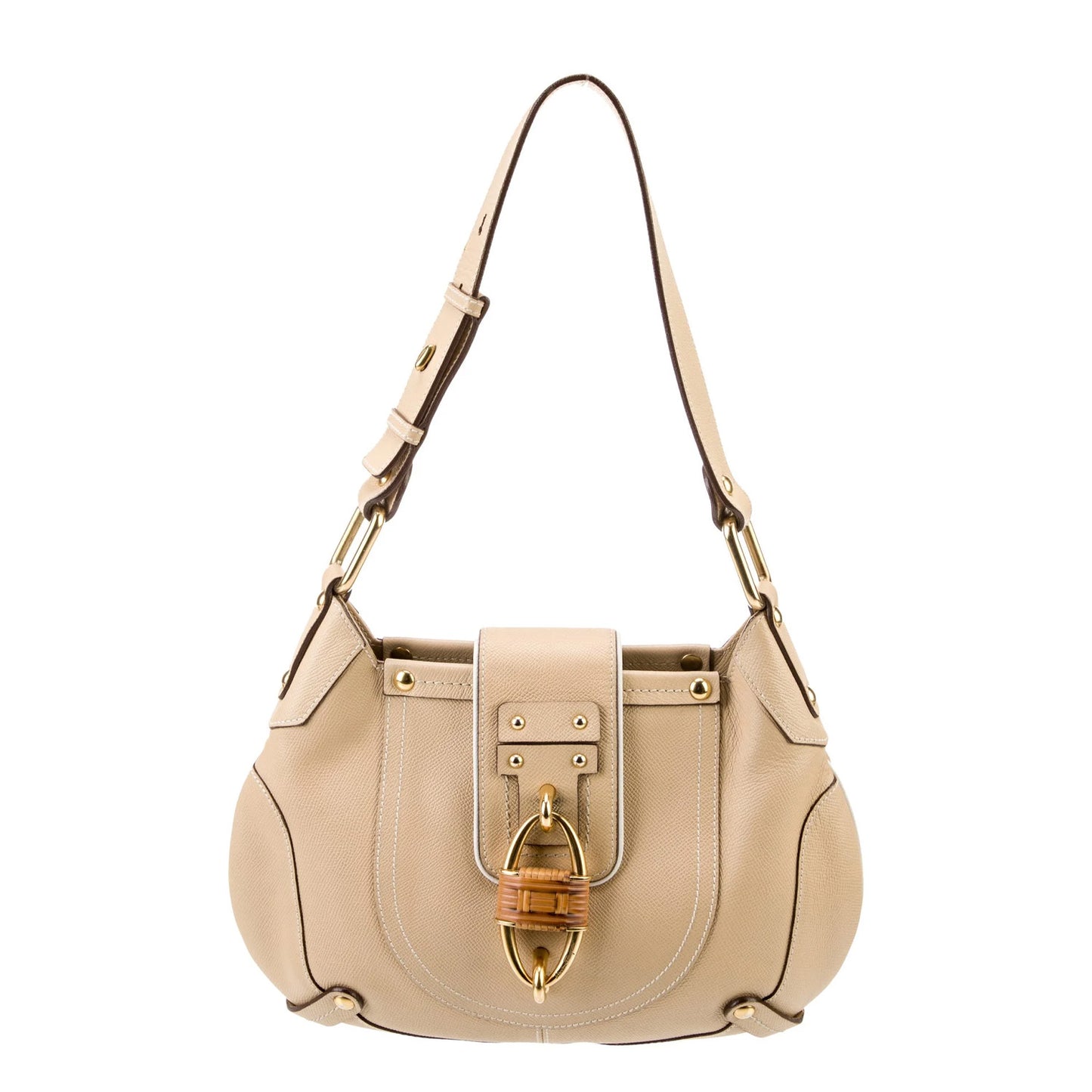 Ferragamo Beige Saffiano Leather Shoulder Bag with Raffia Padlock