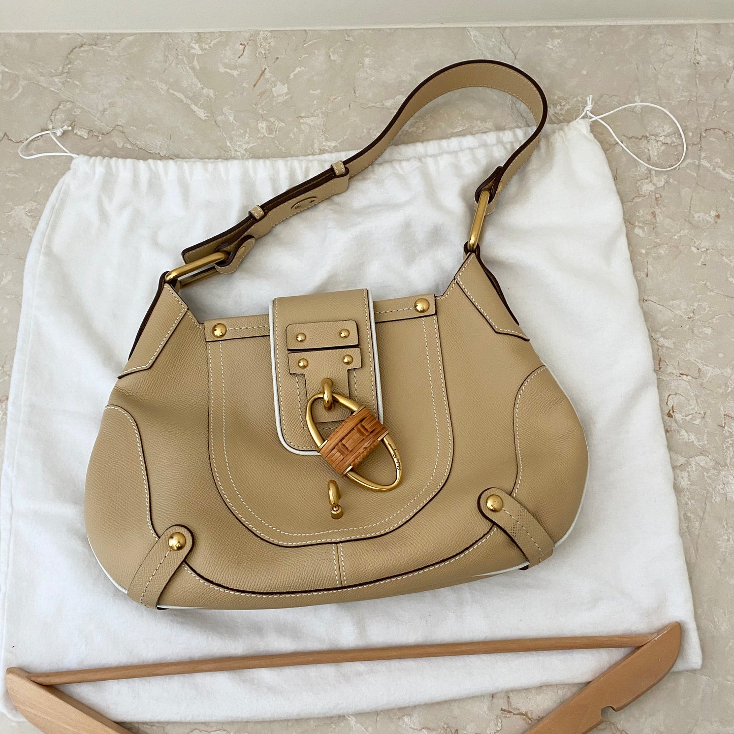 Ferragamo Beige Saffiano Leather Shoulder Bag with Raffia Padlock