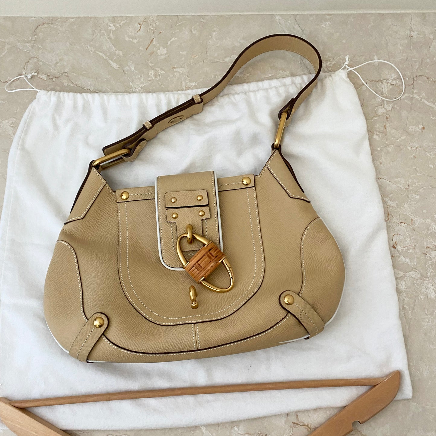 Ferragamo Beige Saffiano Leather Shoulder Bag with Raffia Padlock