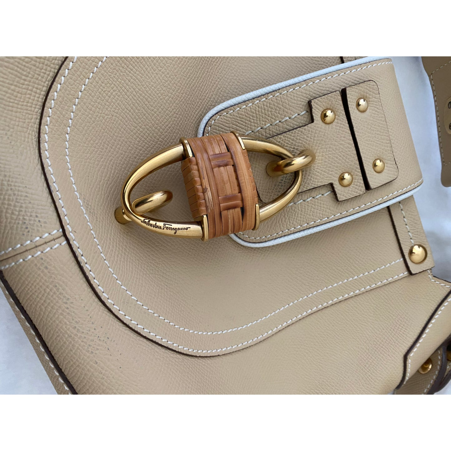 Ferragamo Beige Saffiano Leather Shoulder Bag with Raffia Padlock