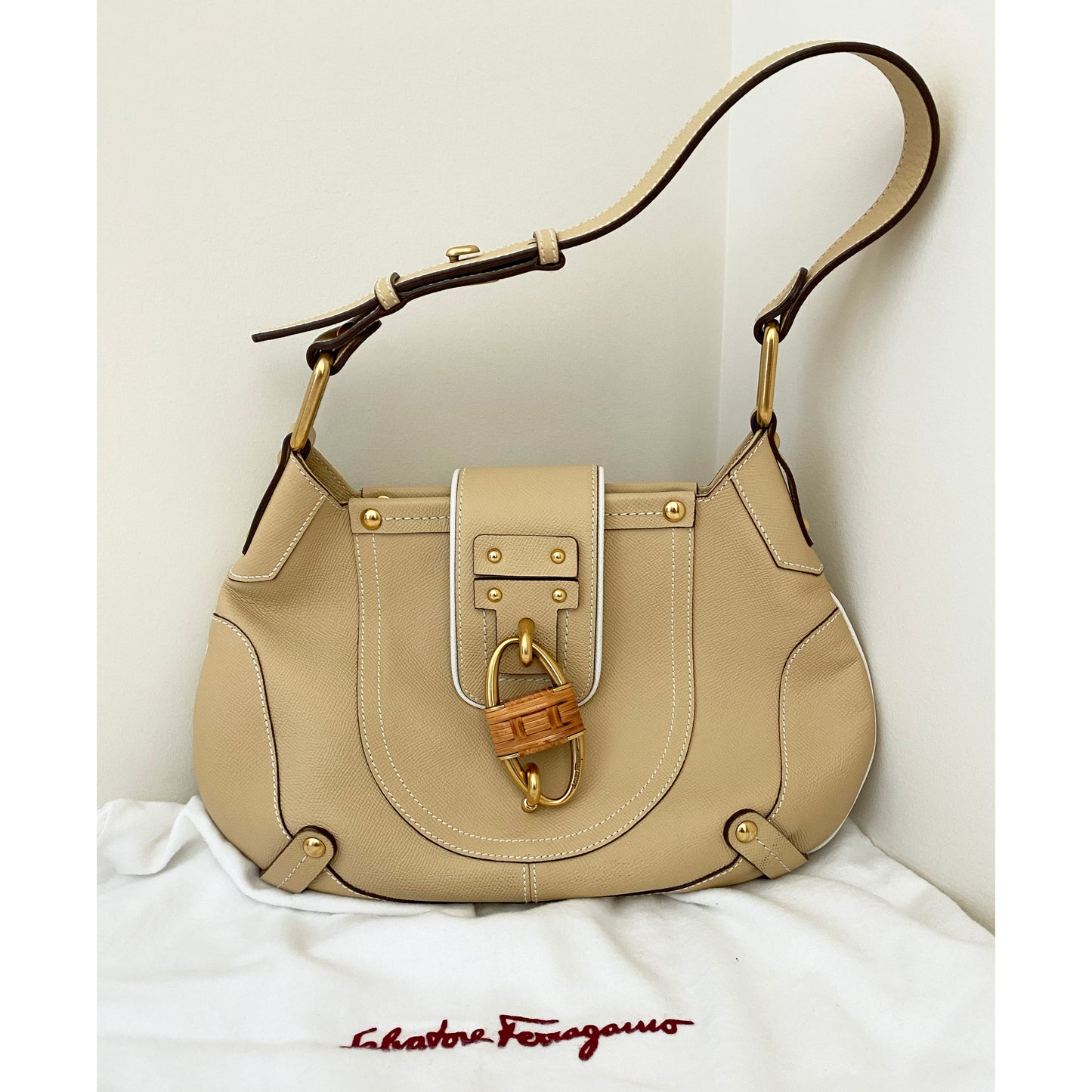 Ferragamo Beige Saffiano Leather Shoulder Bag with Raffia Padlock