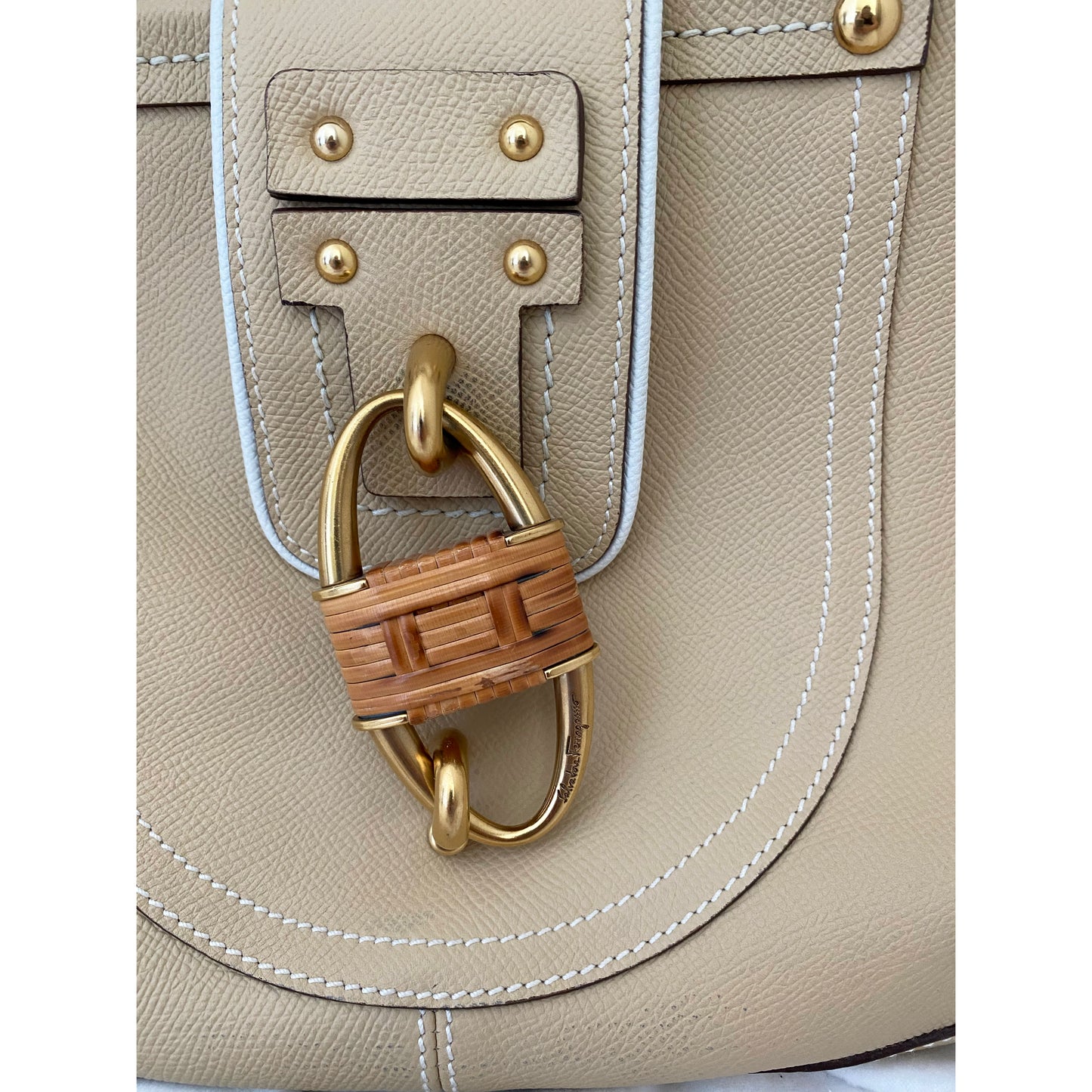 Ferragamo Beige Saffiano Leather Shoulder Bag with Raffia Padlock