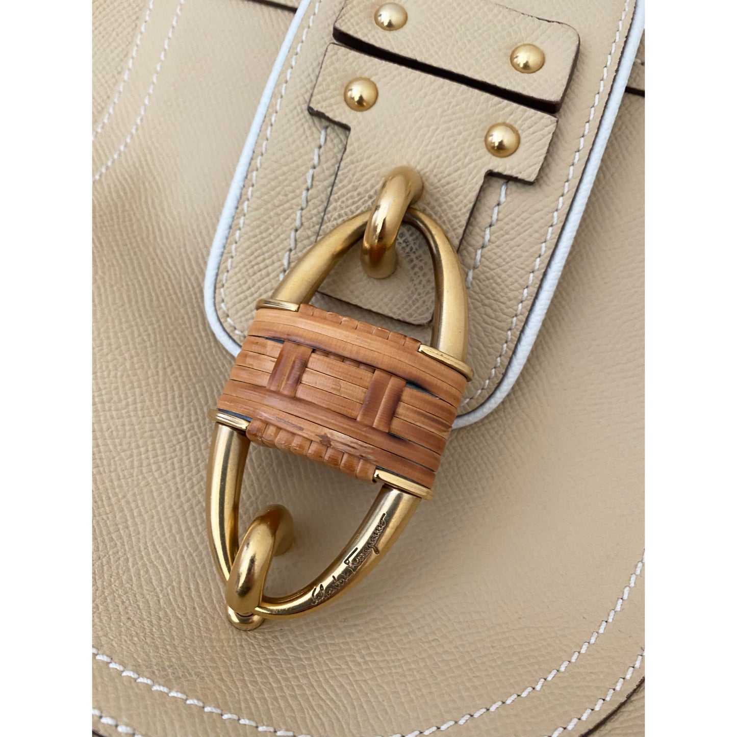 Ferragamo Beige Saffiano Leather Shoulder Bag with Raffia Padlock