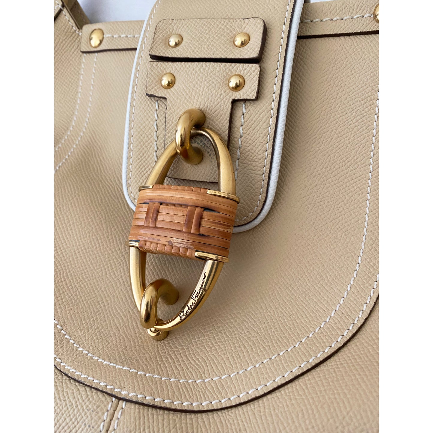 Ferragamo Beige Saffiano Leather Shoulder Bag with Raffia Padlock