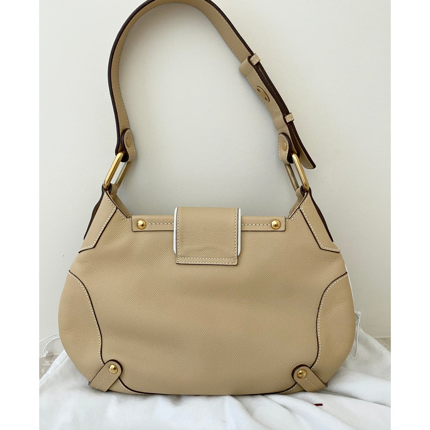 Ferragamo Beige Saffiano Leather Shoulder Bag with Raffia Padlock