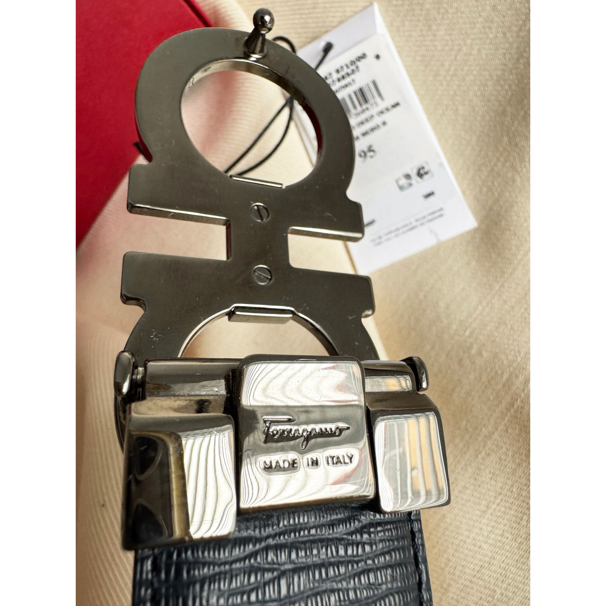 Ferragamo "Gancini" Belt in Black/Navy, size 95cm