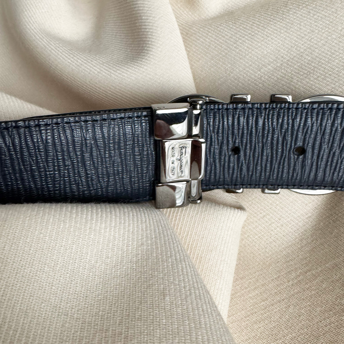 Ferragamo "Gancini" Belt in Black/Navy, size 95cm