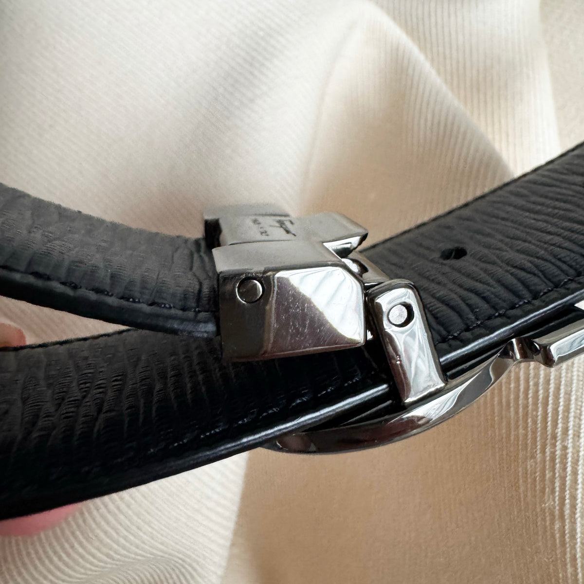 Ferragamo "Gancini" Belt in Black/Navy, size 95cm