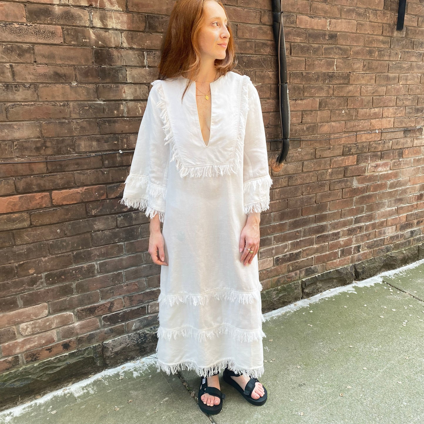 Fil De Vie « Thalia » Kaftan en lin blanc avec bordure à franges, taille XS ** tel quel **