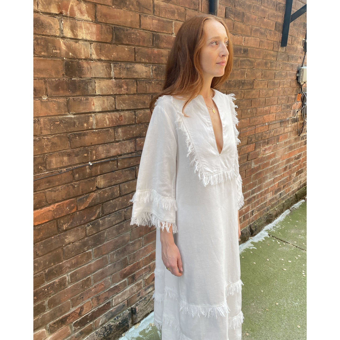 Fil De Vie « Thalia » Kaftan en lin blanc avec bordure à franges, taille XS ** tel quel **