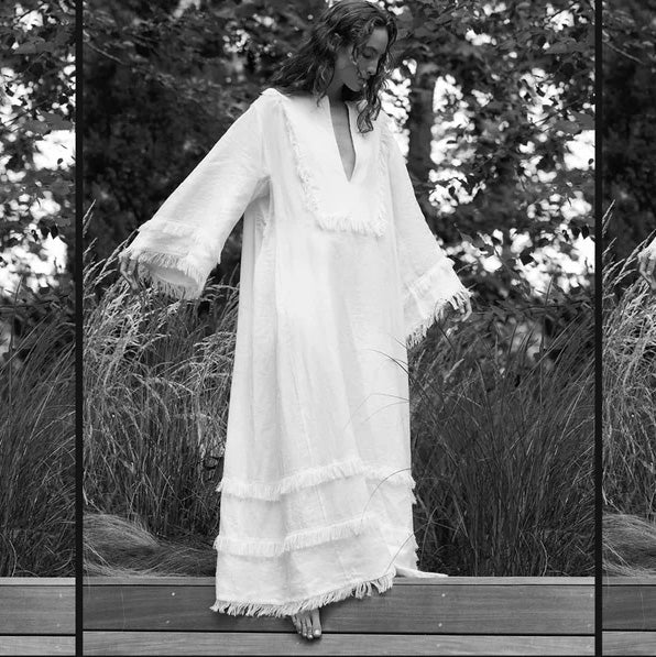 Fil De Vie « Thalia » Kaftan en lin blanc avec bordure à franges, taille XS ** tel quel **