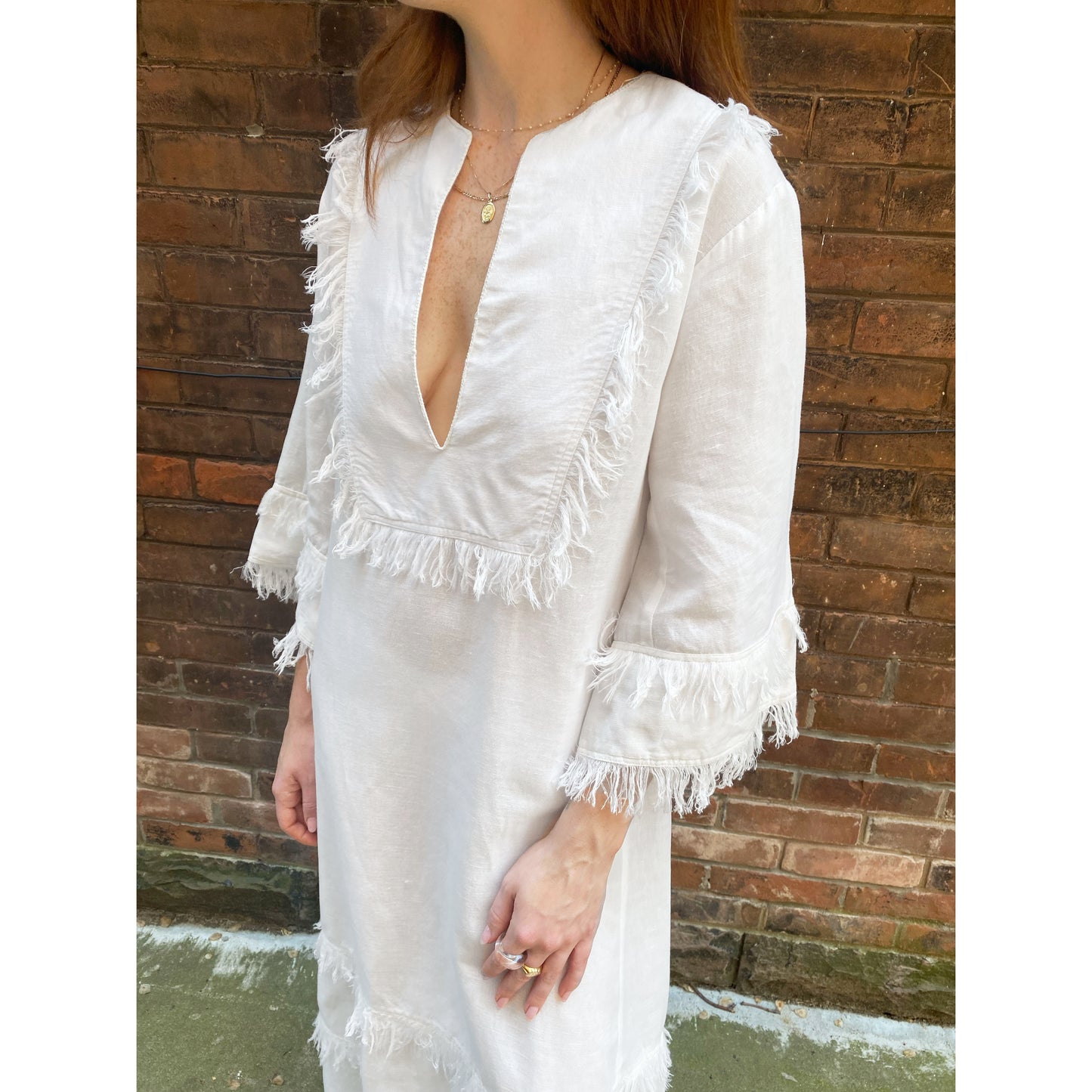 Fil De Vie « Thalia » Kaftan en lin blanc avec bordure à franges, taille XS ** tel quel **