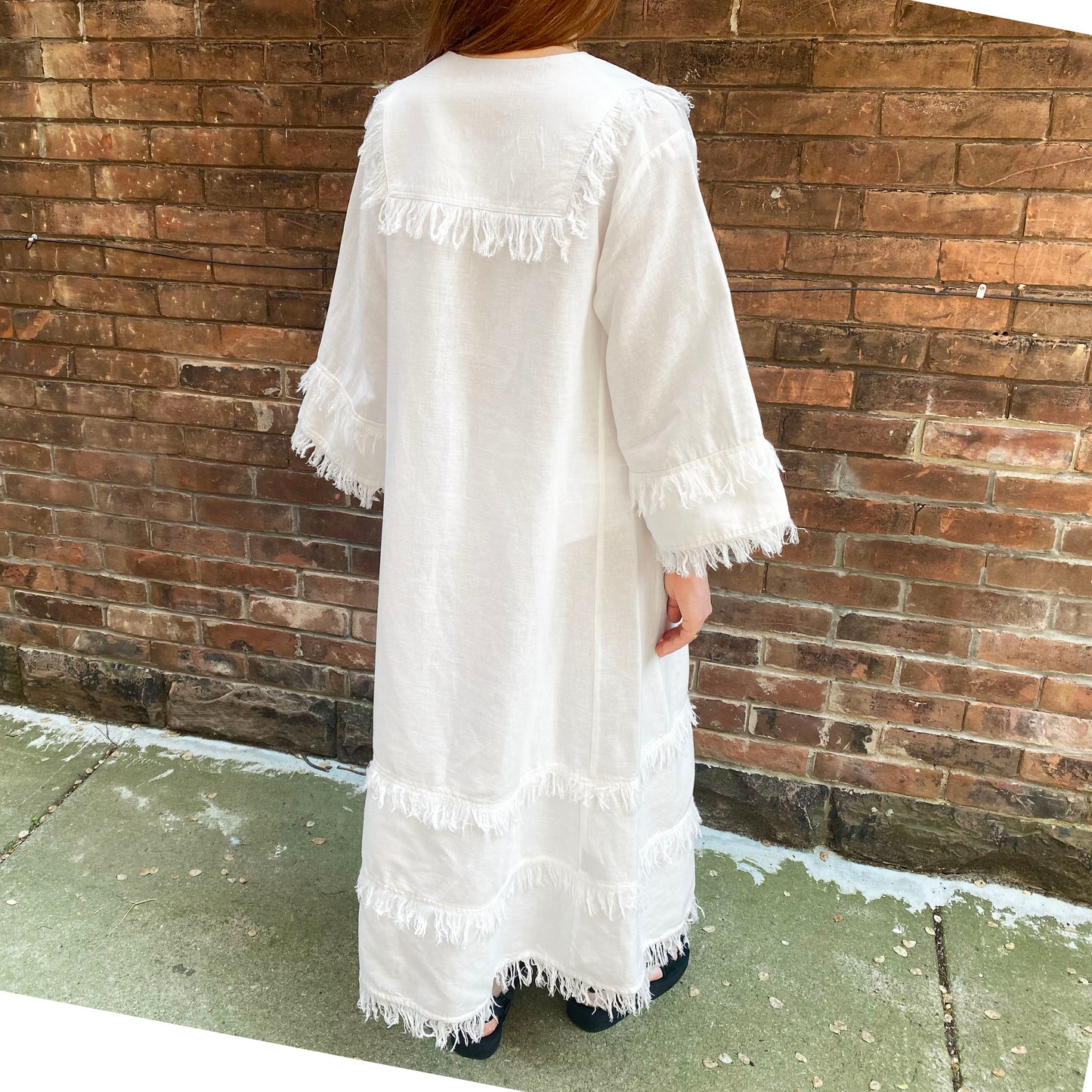 Fil De Vie « Thalia » Kaftan en lin blanc avec bordure à franges, taille XS ** tel quel **