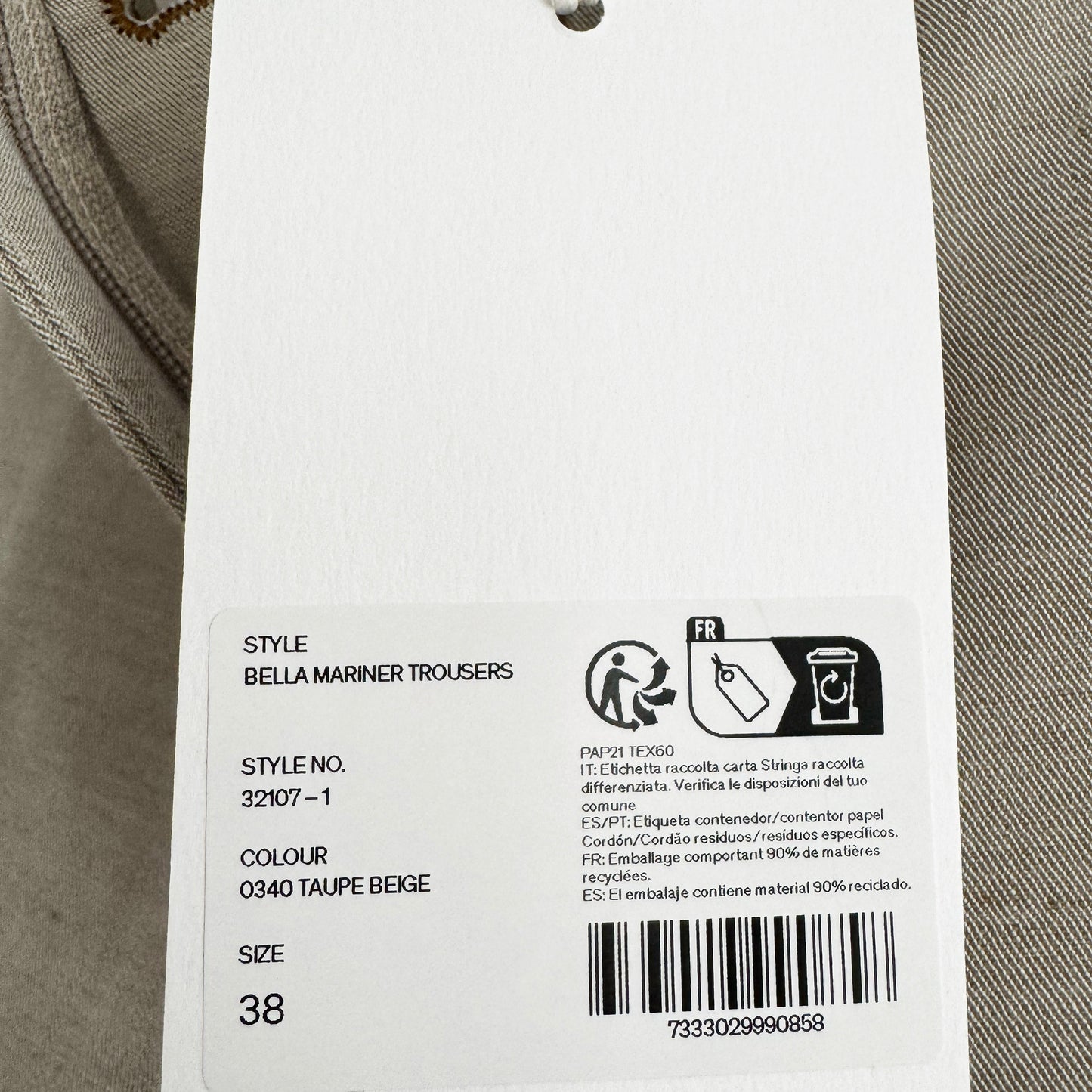 Filippa K "Bella" Mariner Trousers in Beige/Taupe, size 38 (size 6)
