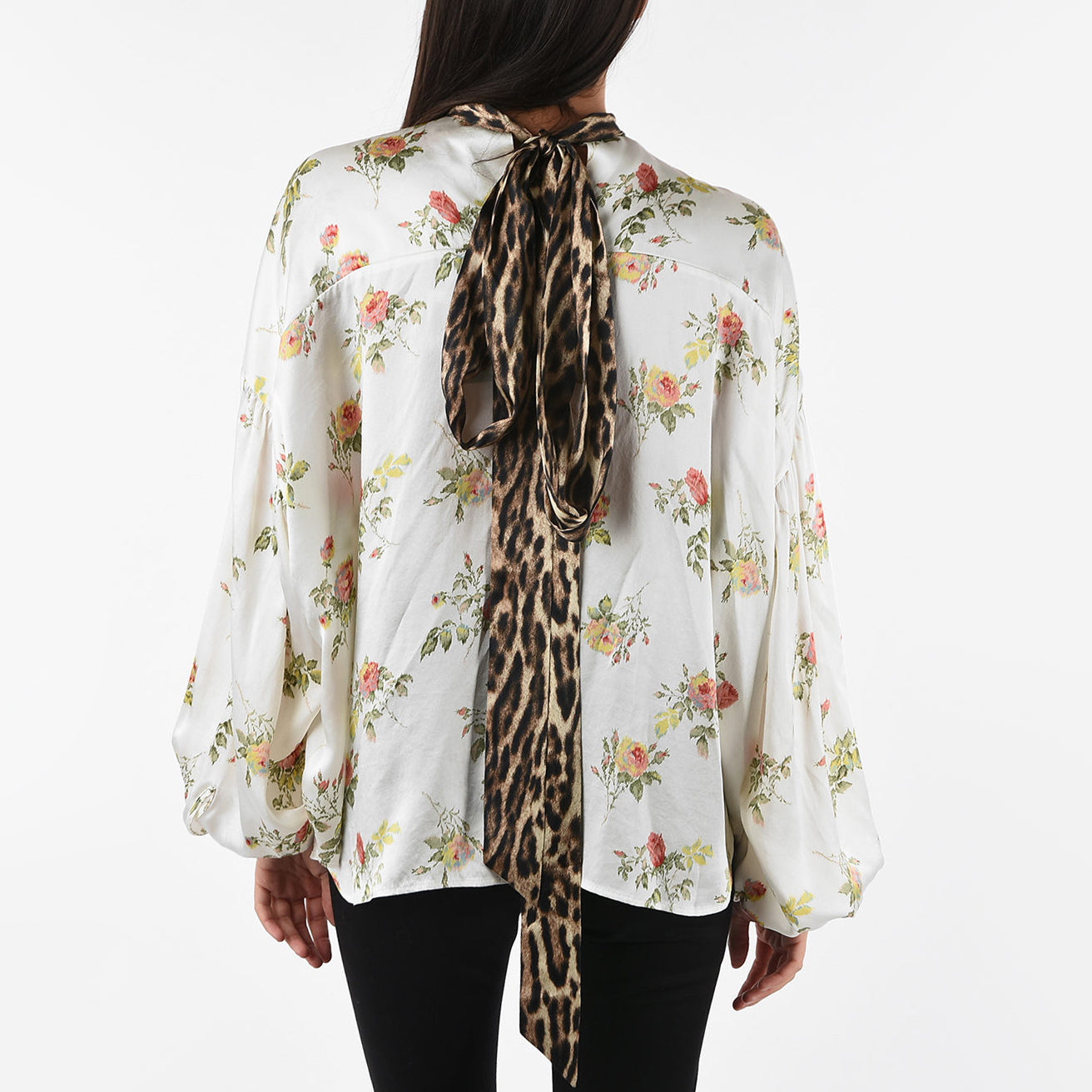 R13 Floral Print Tie Neck Blouse in Ivory w Leopard, size Small (fits S-M)