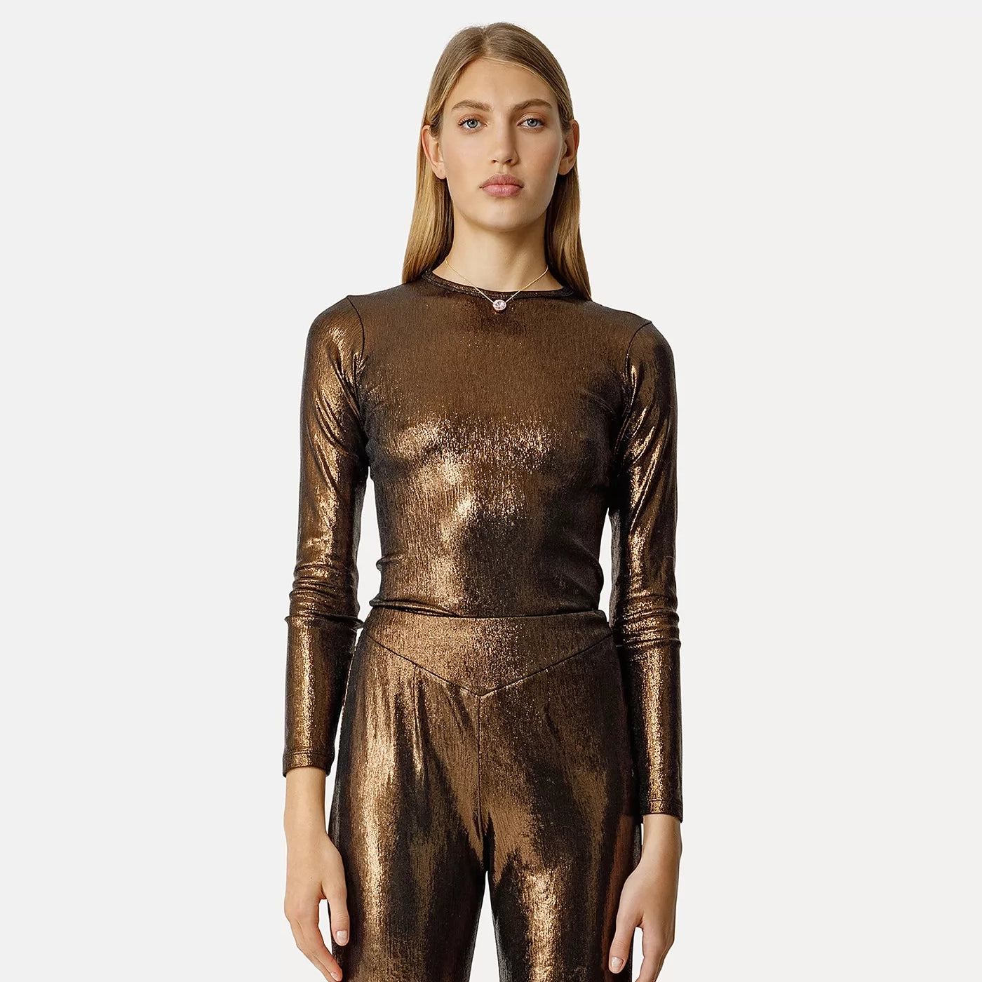 Forte_Forte Lamé Long Sleeve Top in Bronze, size "II" (fits like size small)