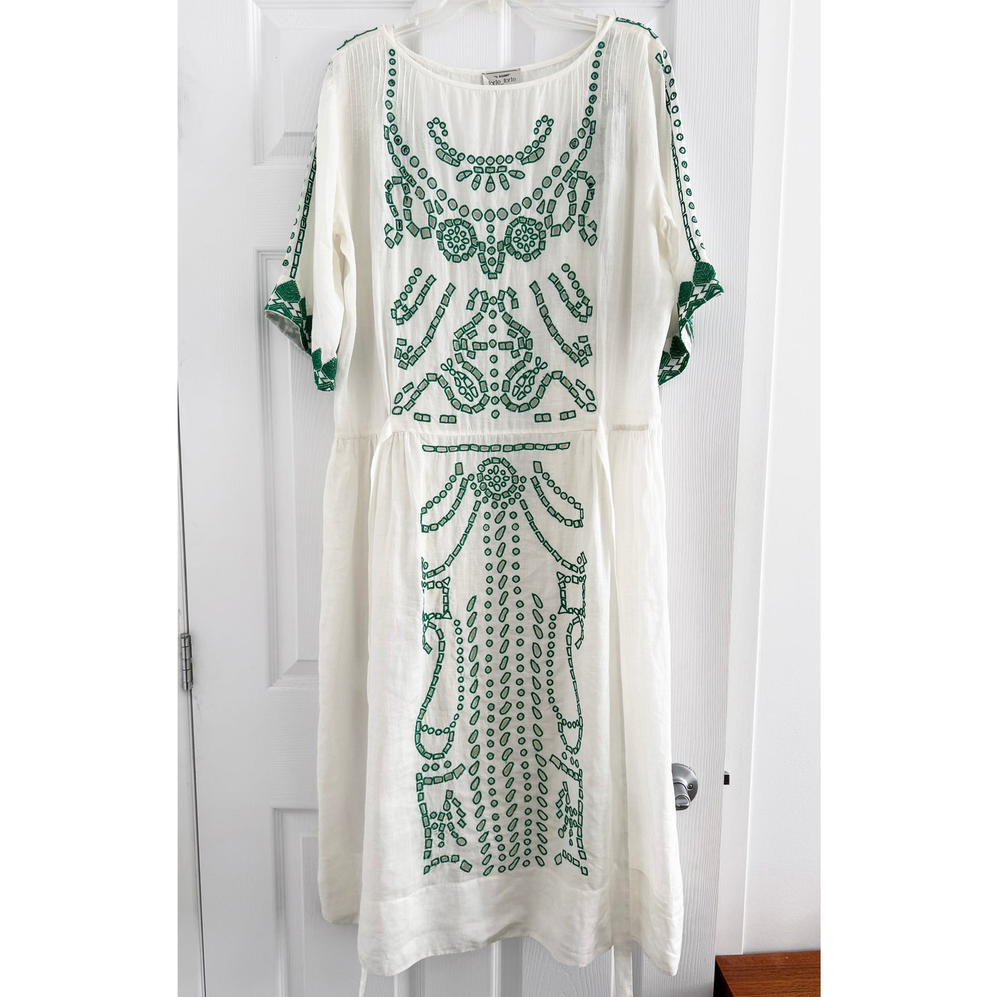 Forte_Forte White Dress with Green Embroidery, Size "III" (fits like size 8/10)
