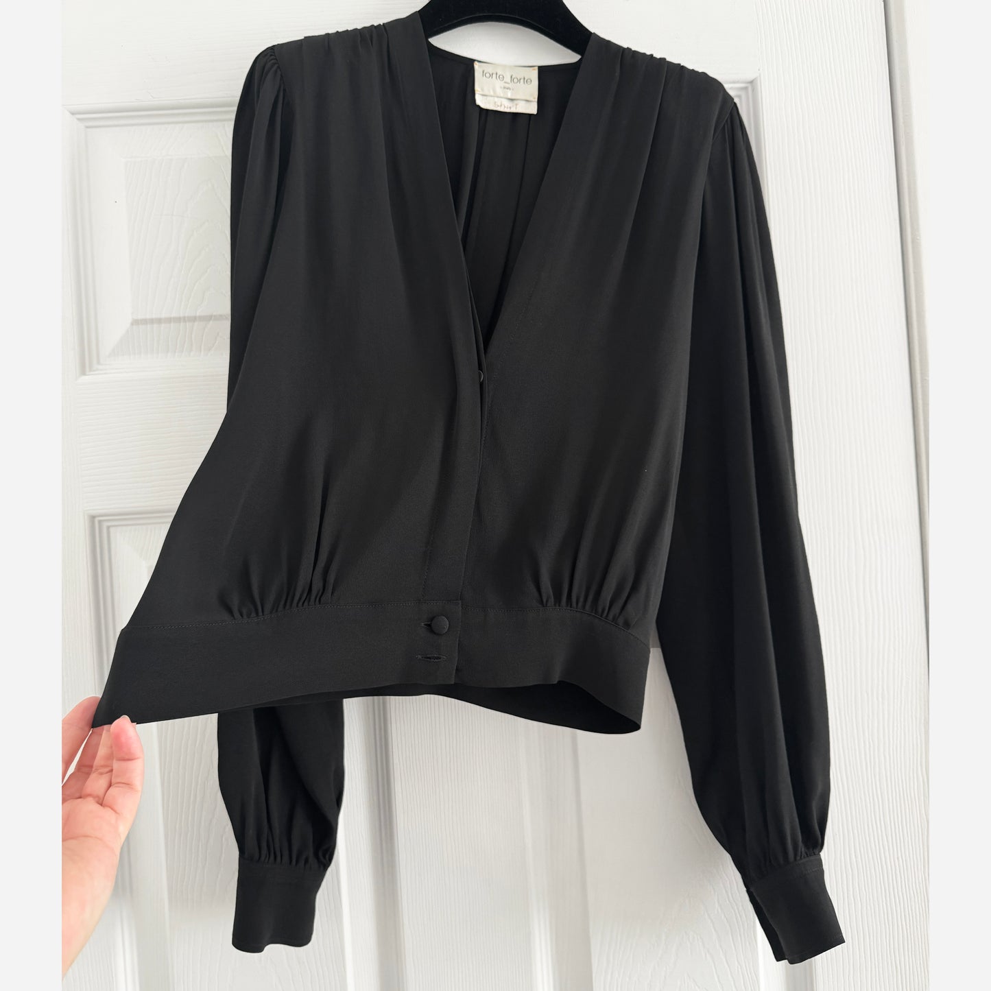 Forte_Forte Long Sleeve Silk Crepe V-Neck Blouse in Black, size "0" (XS)