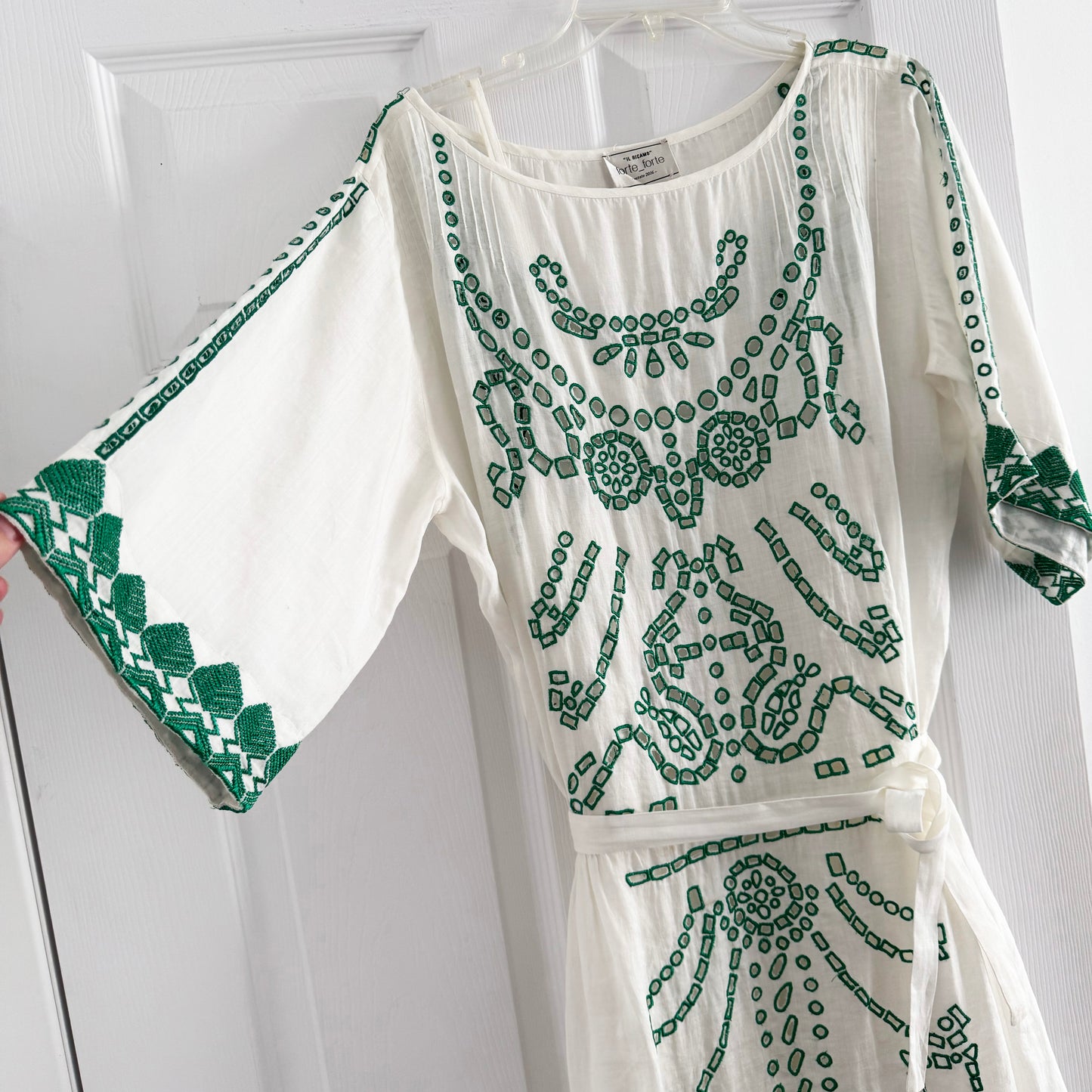 Forte_Forte White Dress with Green Embroidery, Size "III" (fits like size 8/10)