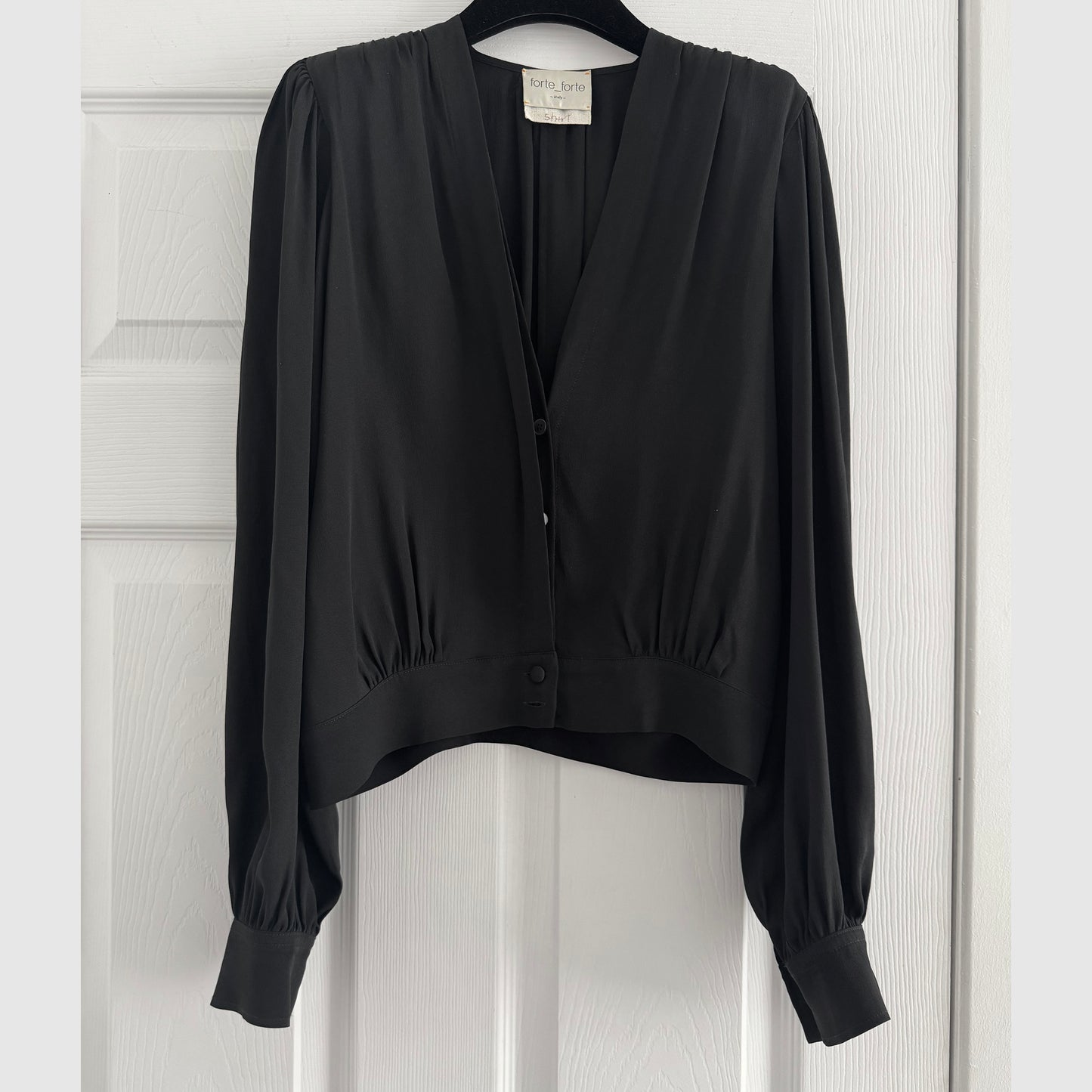 Forte_Forte Long Sleeve Silk Crepe V-Neck Blouse in Black, size "0" (XS)