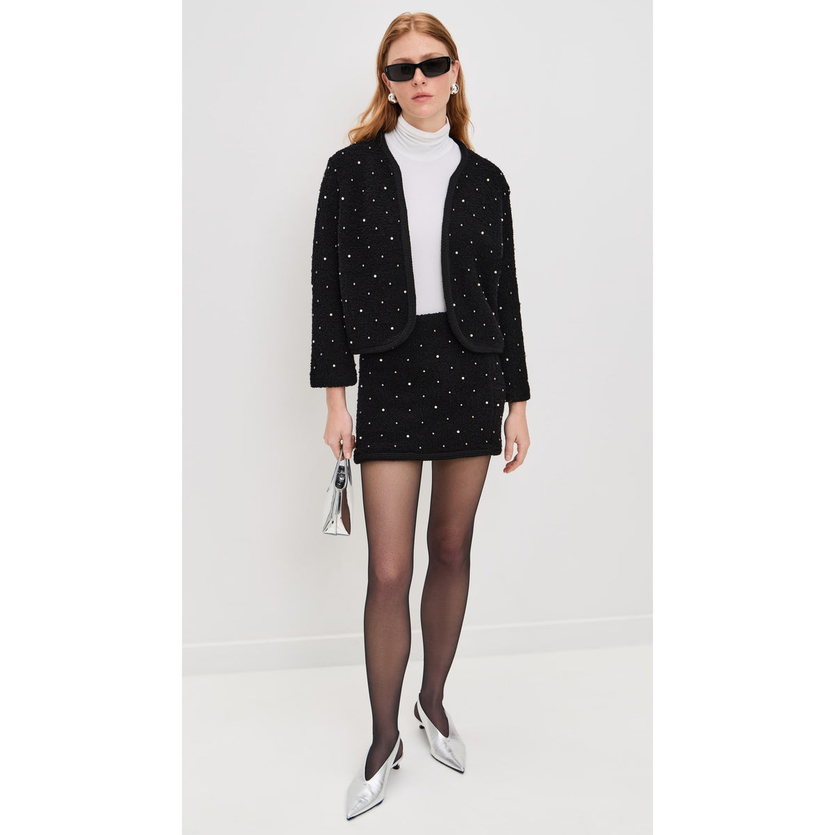FRAME Wool-Blend Embellished Knit Jacket in Black, size Medium