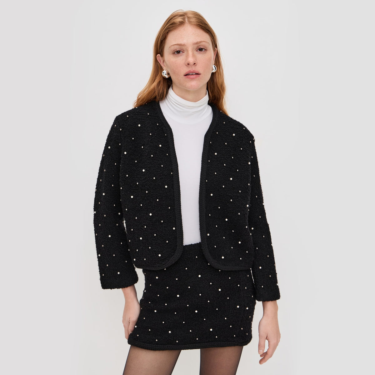 FRAME Wool-Blend Embellished Knit Jacket in Black, size Medium