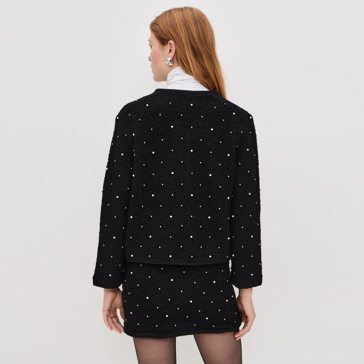 FRAME Wool-Blend Embellished Knit Jacket in Black, size Medium