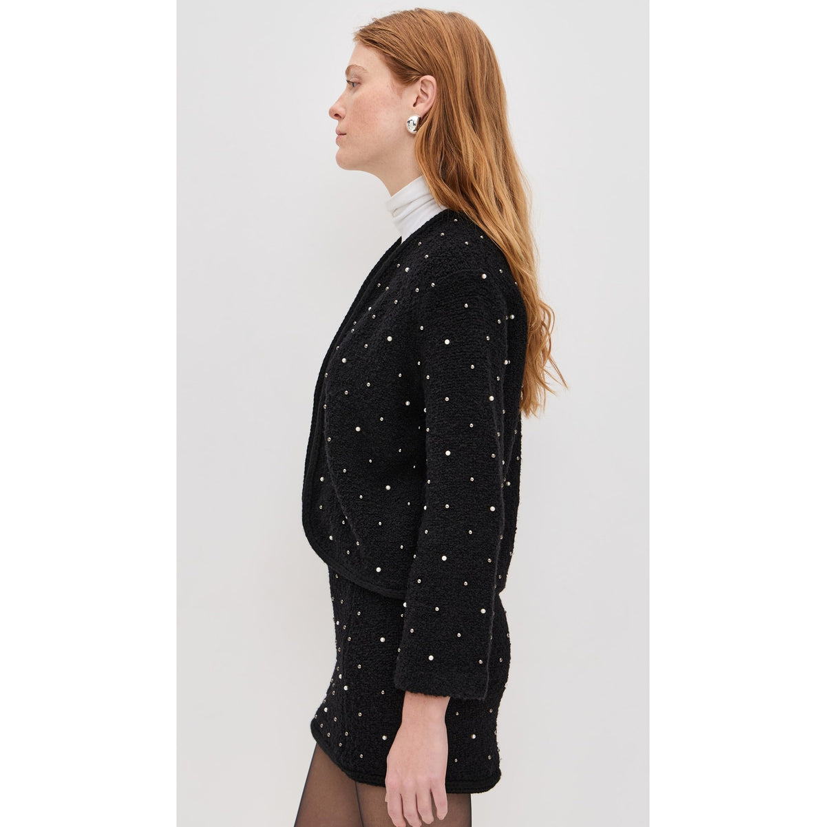 FRAME Wool-Blend Embellished Knit Jacket in Black, size Medium