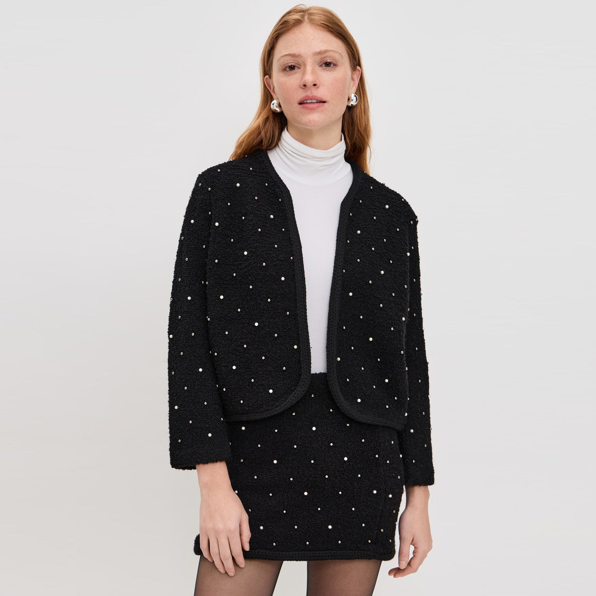 FRAME Wool-Blend Embellished Knit Jacket in Black, size Medium