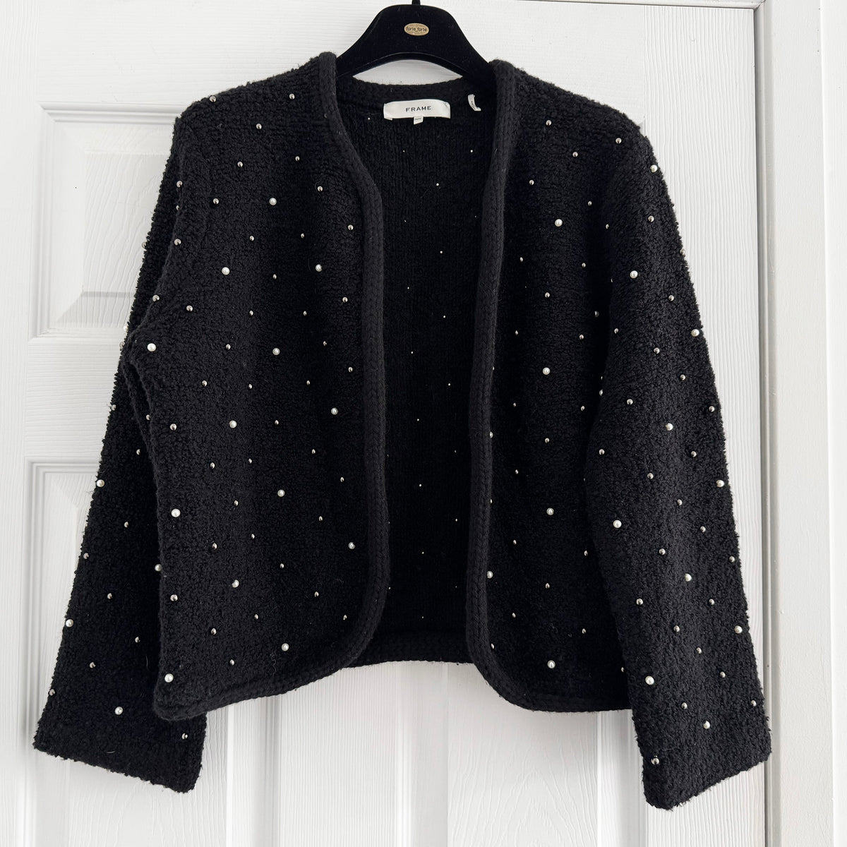 FRAME Wool-Blend Embellished Knit Jacket in Black, size Medium