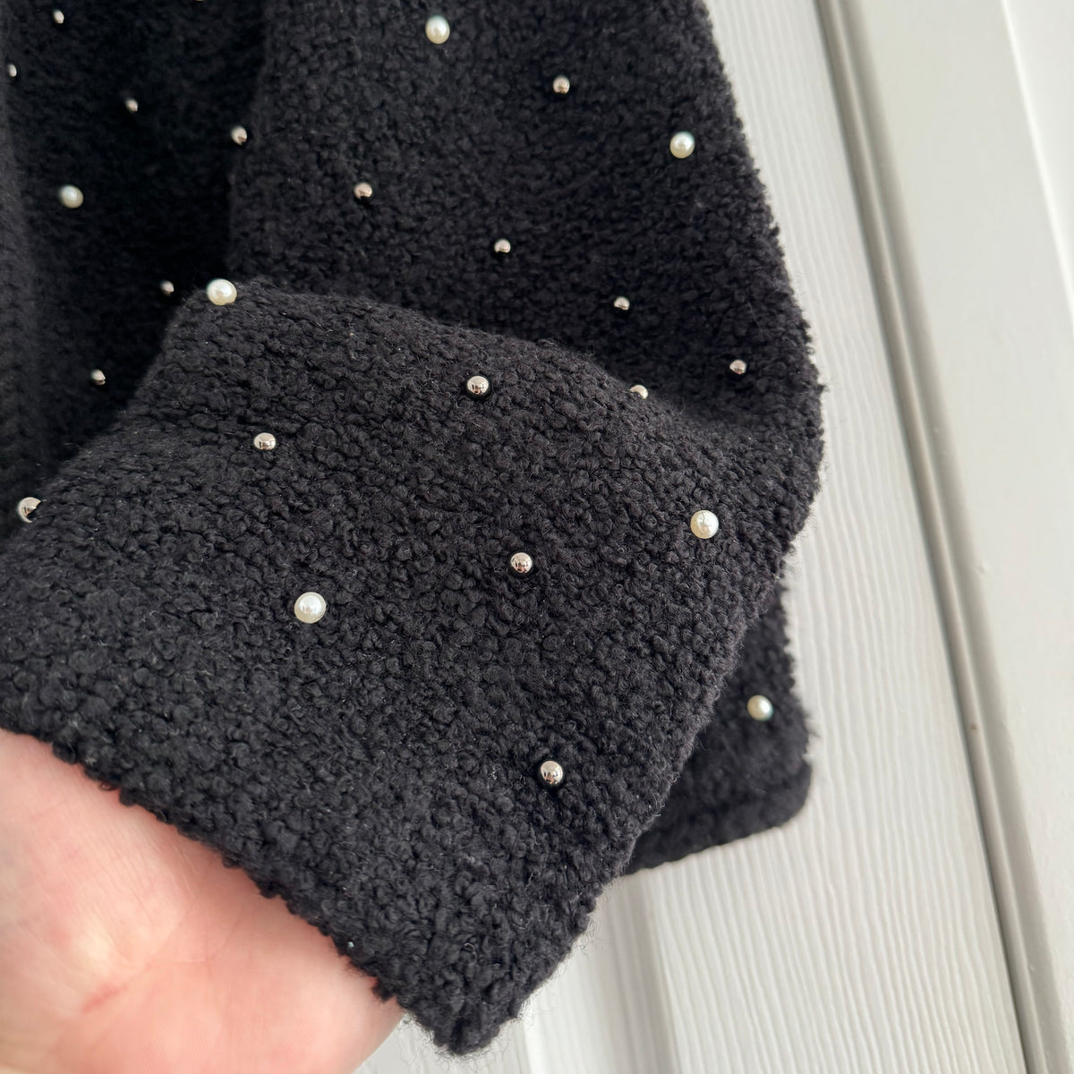 FRAME Wool-Blend Embellished Knit Jacket in Black, size Medium