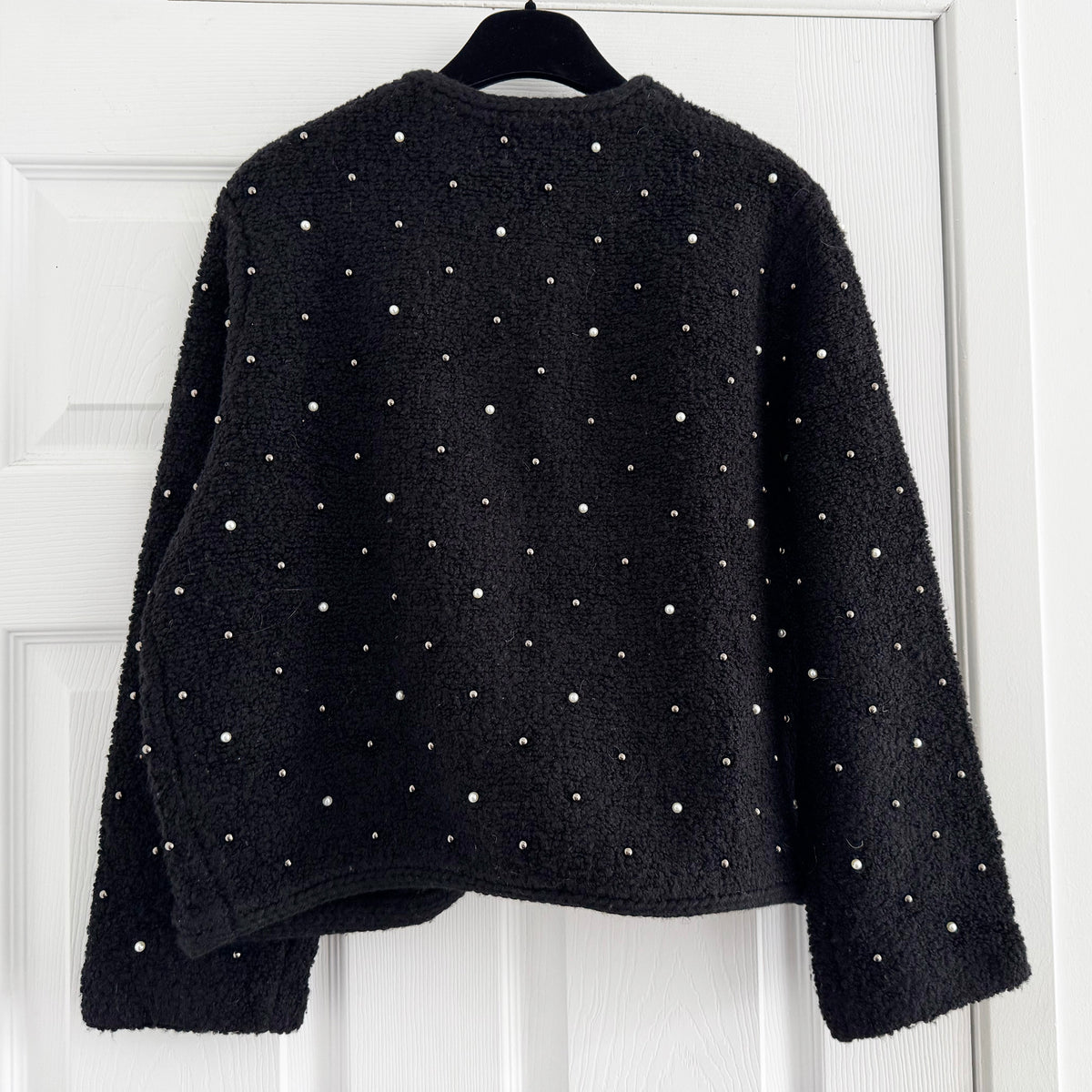 FRAME Wool-Blend Embellished Knit Jacket in Black, size Medium