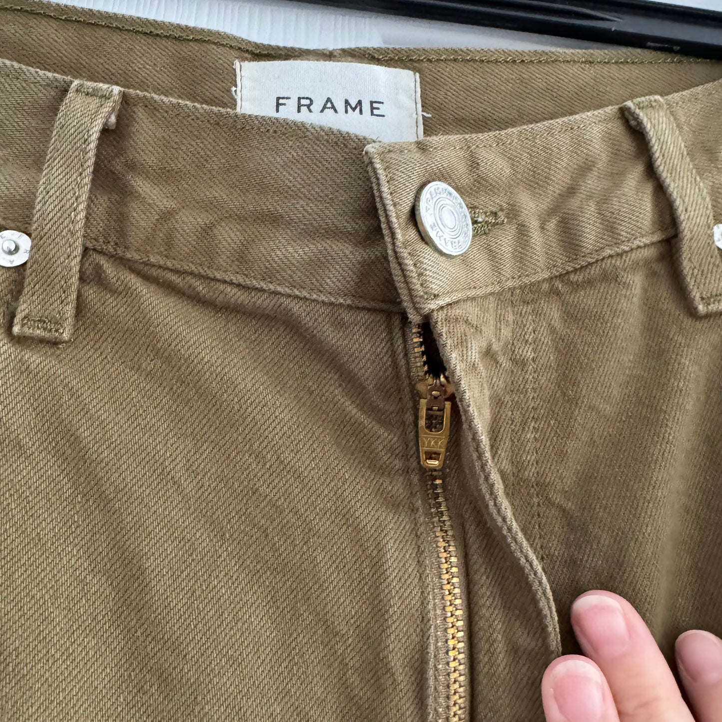 Frame High Rise Baggy Pocket Jean in "Washed Surplus", size 34