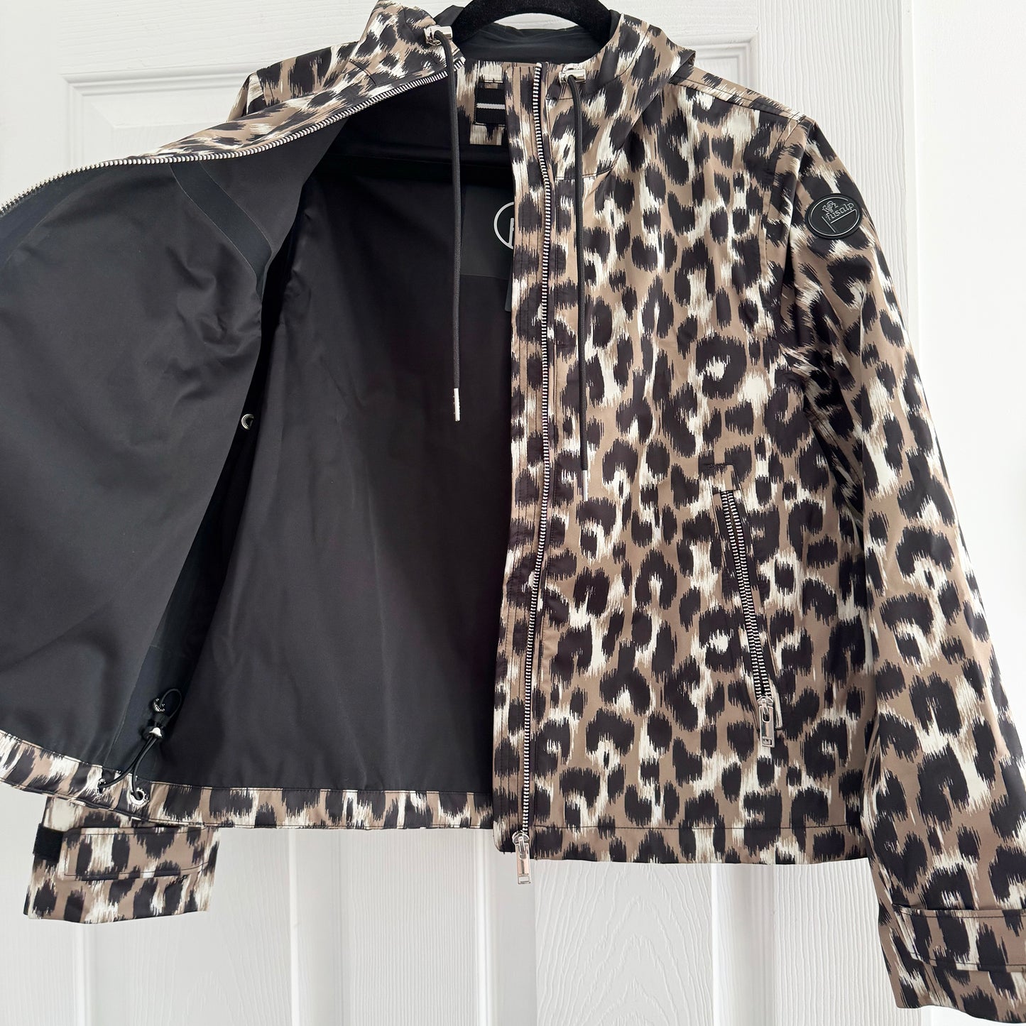 Fusalp "Kasima" Rain Jacket w Hood in Leopard Print, size 36
