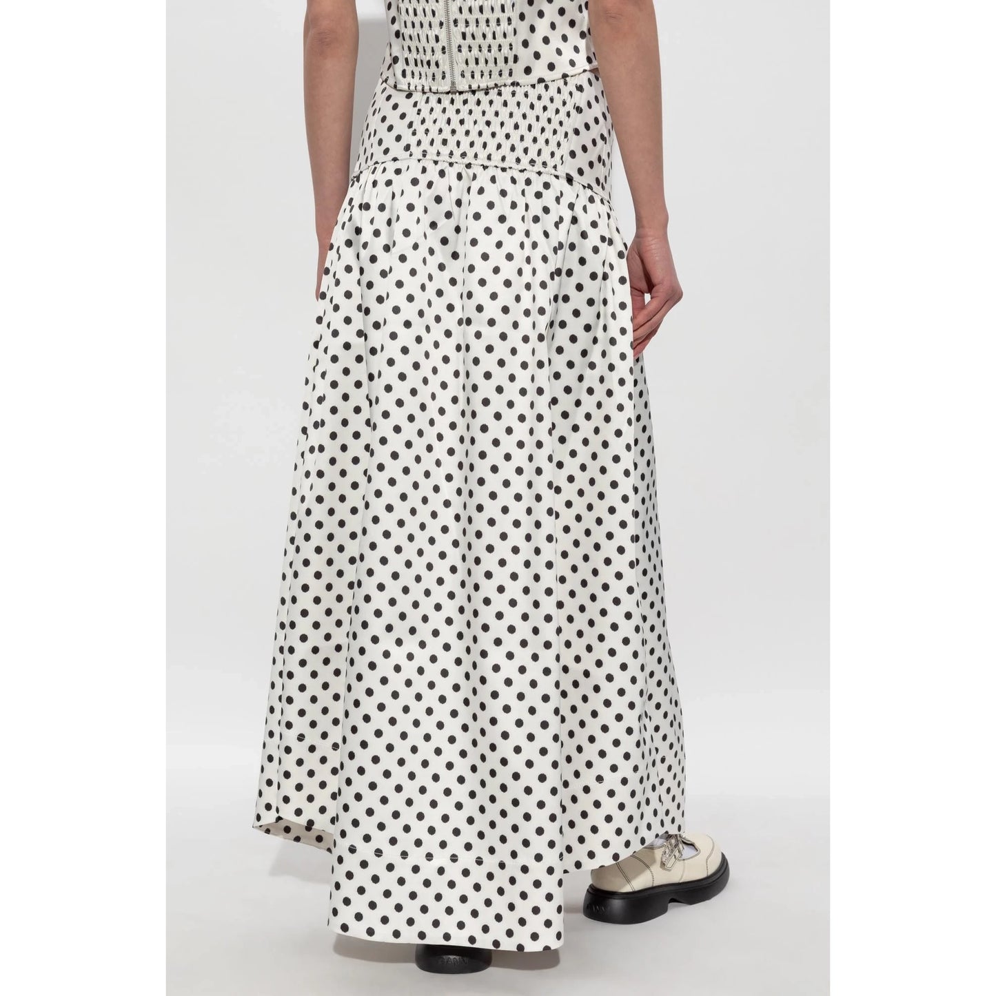 Ganni Polka Dot Satin Skirt in White/Black, size 38
