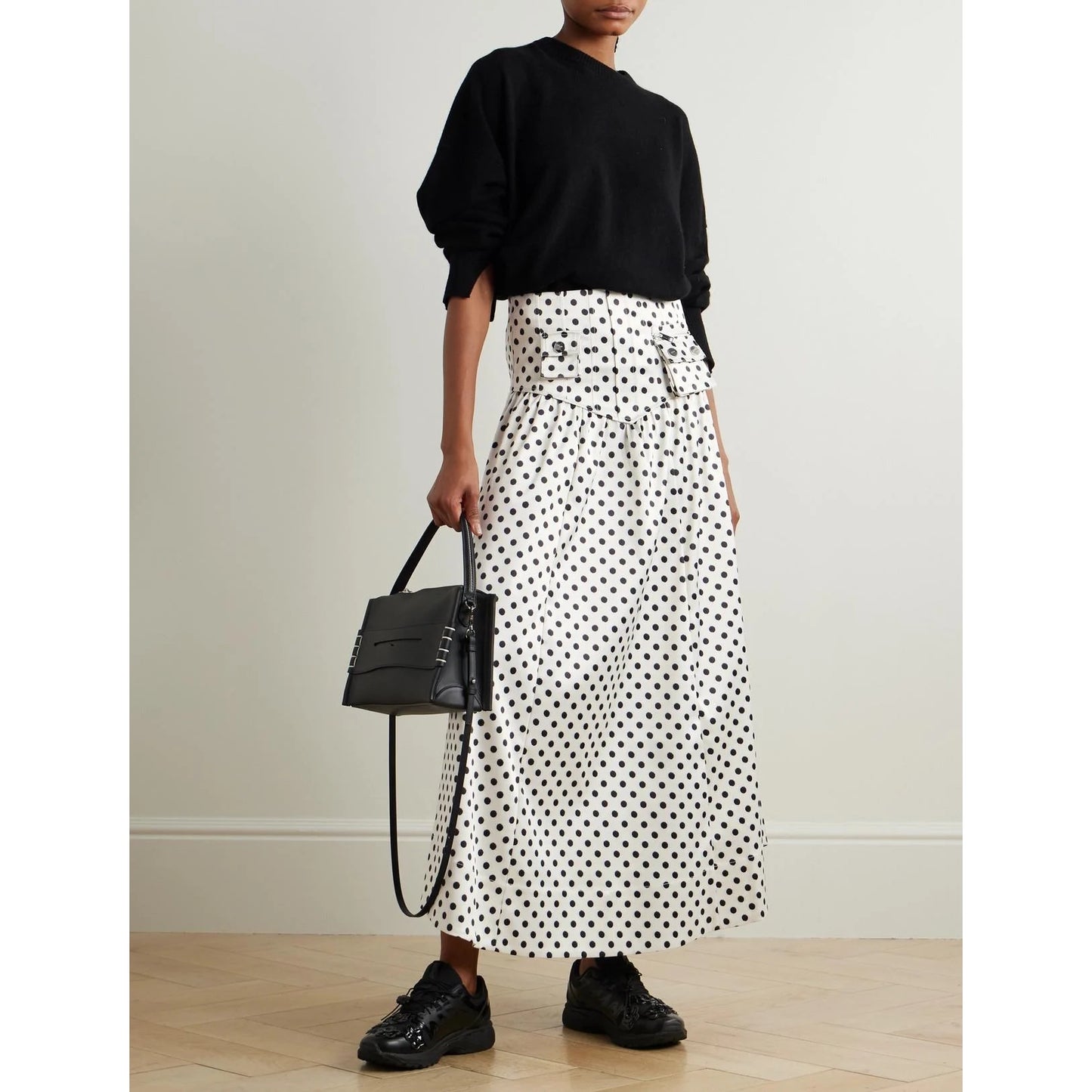 Ganni Polka Dot Satin Skirt in White/Black, size 38