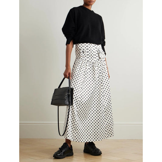 Ganni Polka Dot Satin Skirt in White/Black, size 38