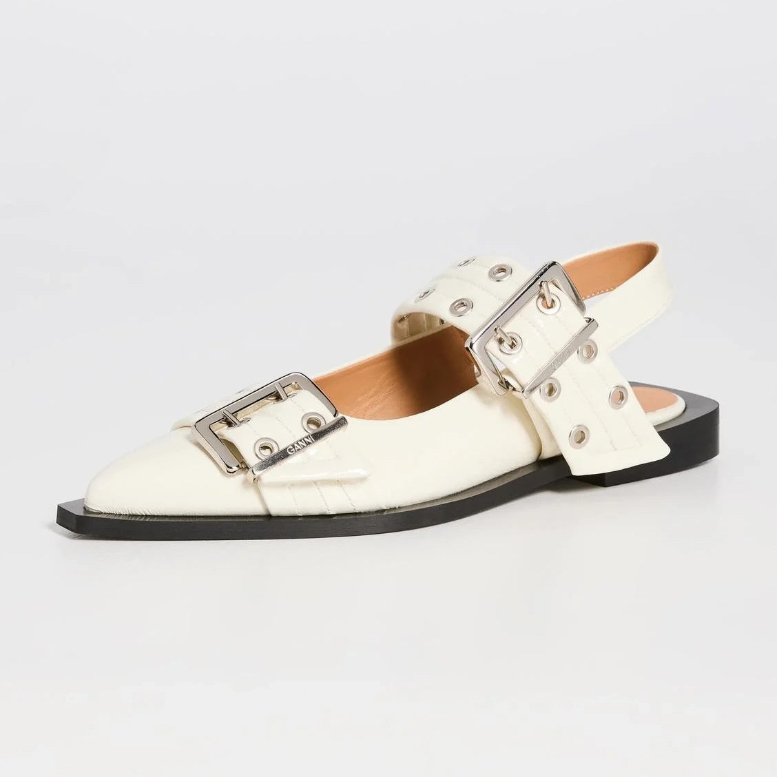 Ganni Patent Leather Buckle Flats in Ivory, size 39