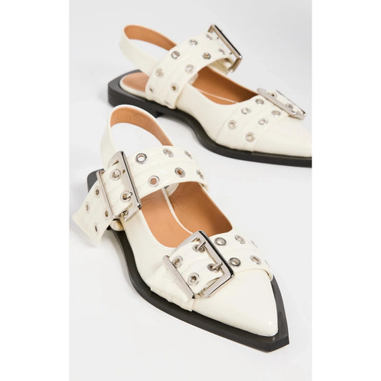 Ganni Patent Leather Buckle Flats in Ivory, size 39
