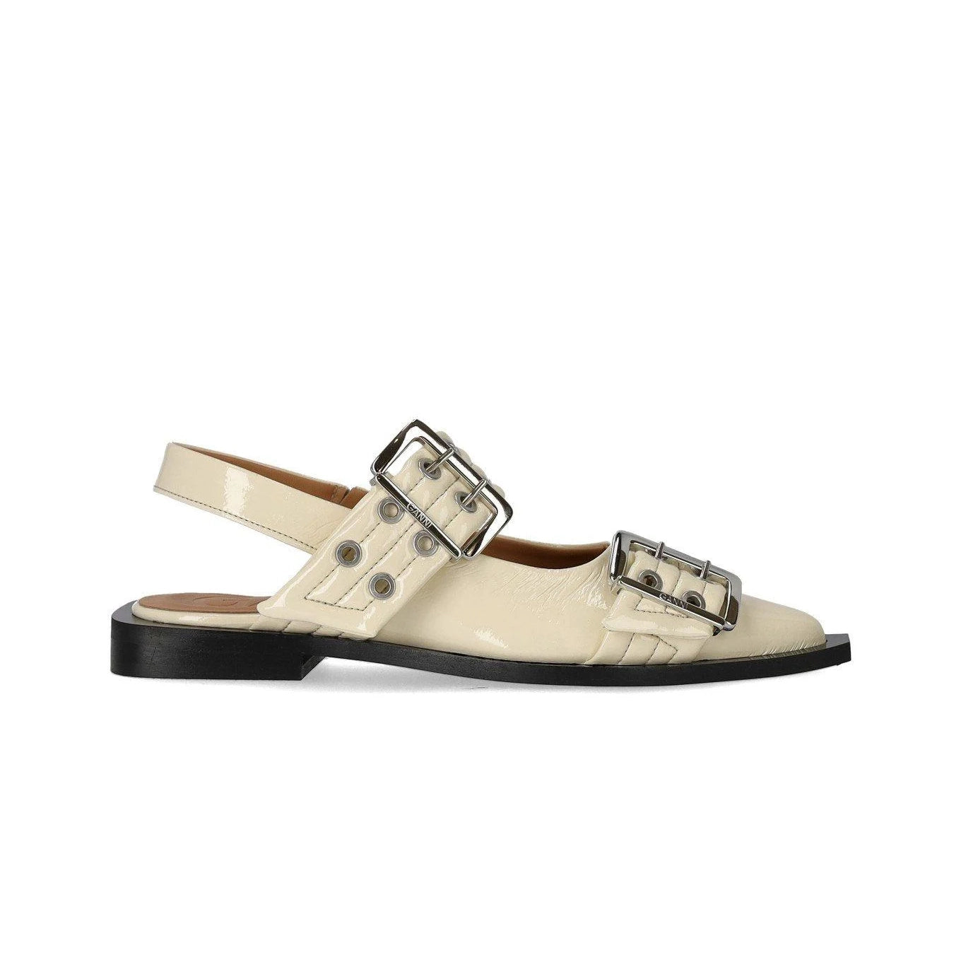 Ganni Patent Leather Buckle Flats in Ivory, size 39