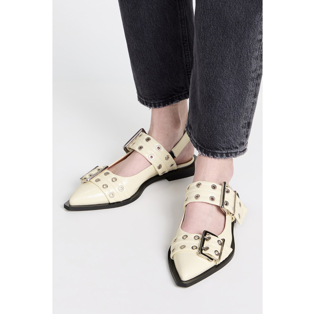 Ganni Patent Leather Buckle Flats in Ivory, size 39