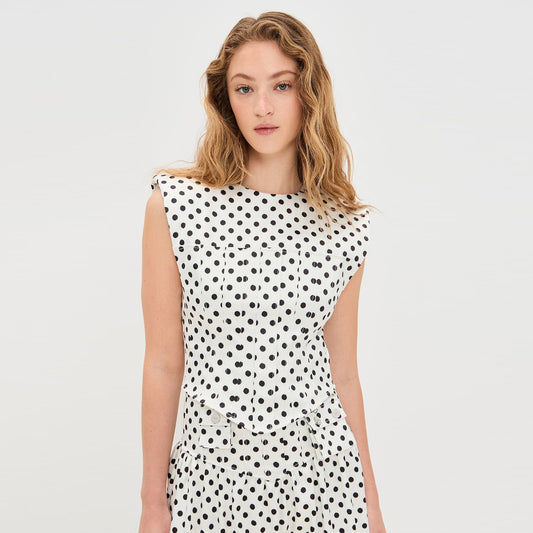 Ganni Polka Dot Satin Corset Top in White/Black, size 36