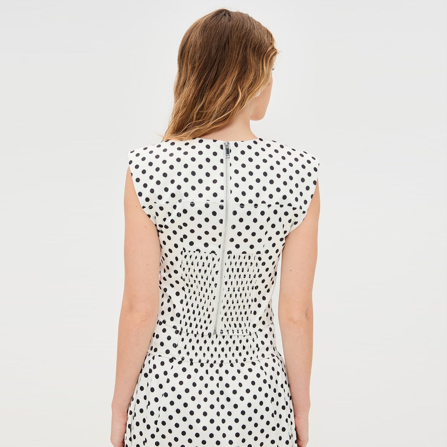 Ganni Polka Dot Satin Corset Top in White/Black, size 36