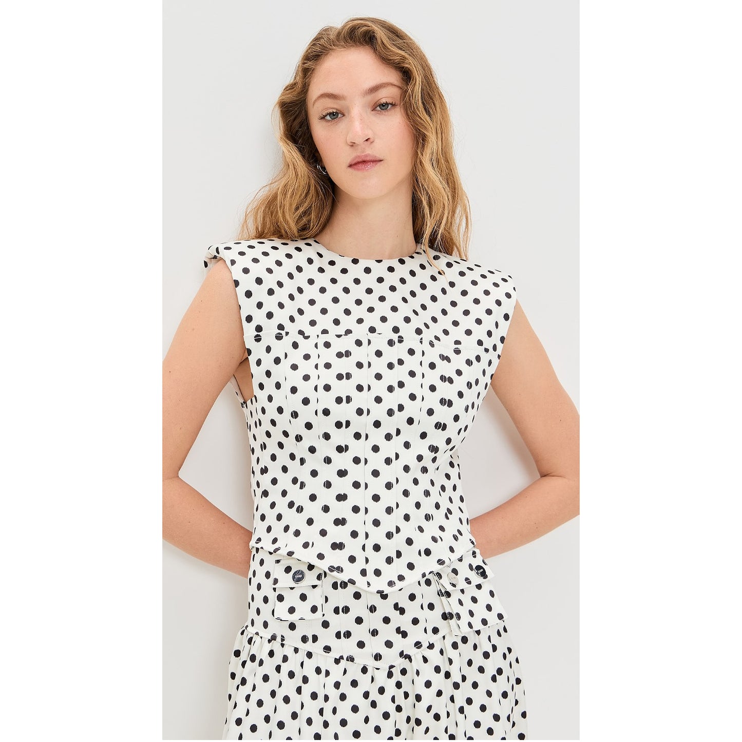 Ganni Polka Dot Satin Corset Top in White/Black, size 36