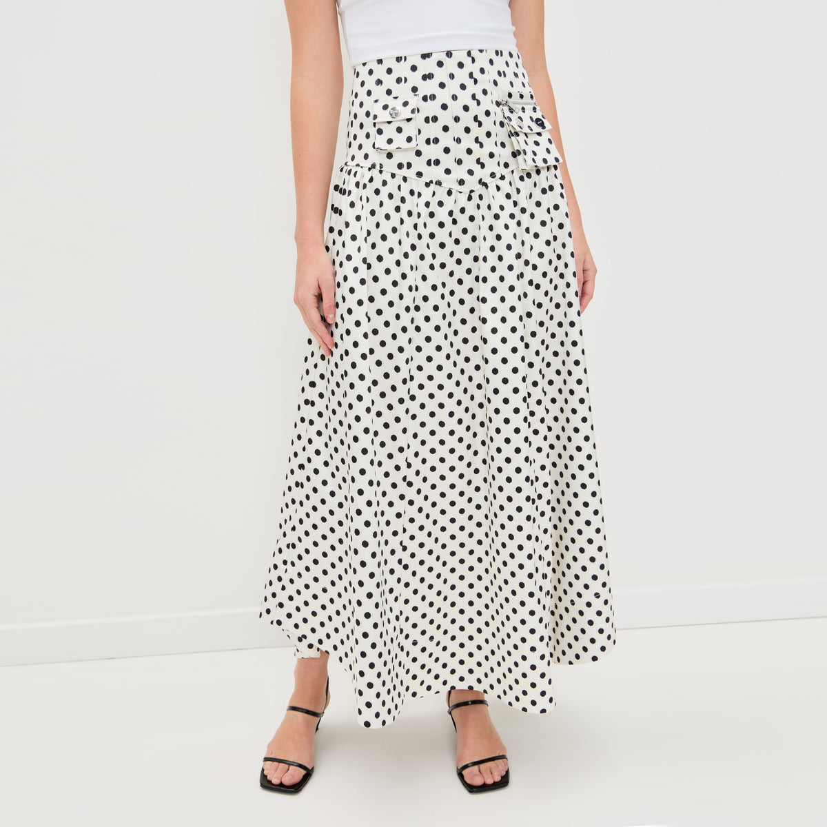 Ganni Polka Dot Satin Skirt in White/Black, size 38