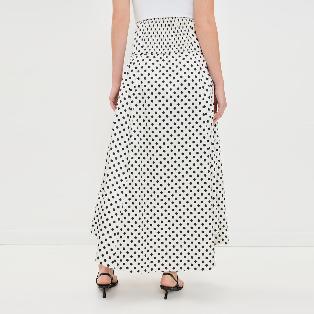 Ganni Polka Dot Satin Skirt in White/Black, size 38