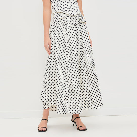 Ganni Polka Dot Satin Skirt in White/Black, size 38