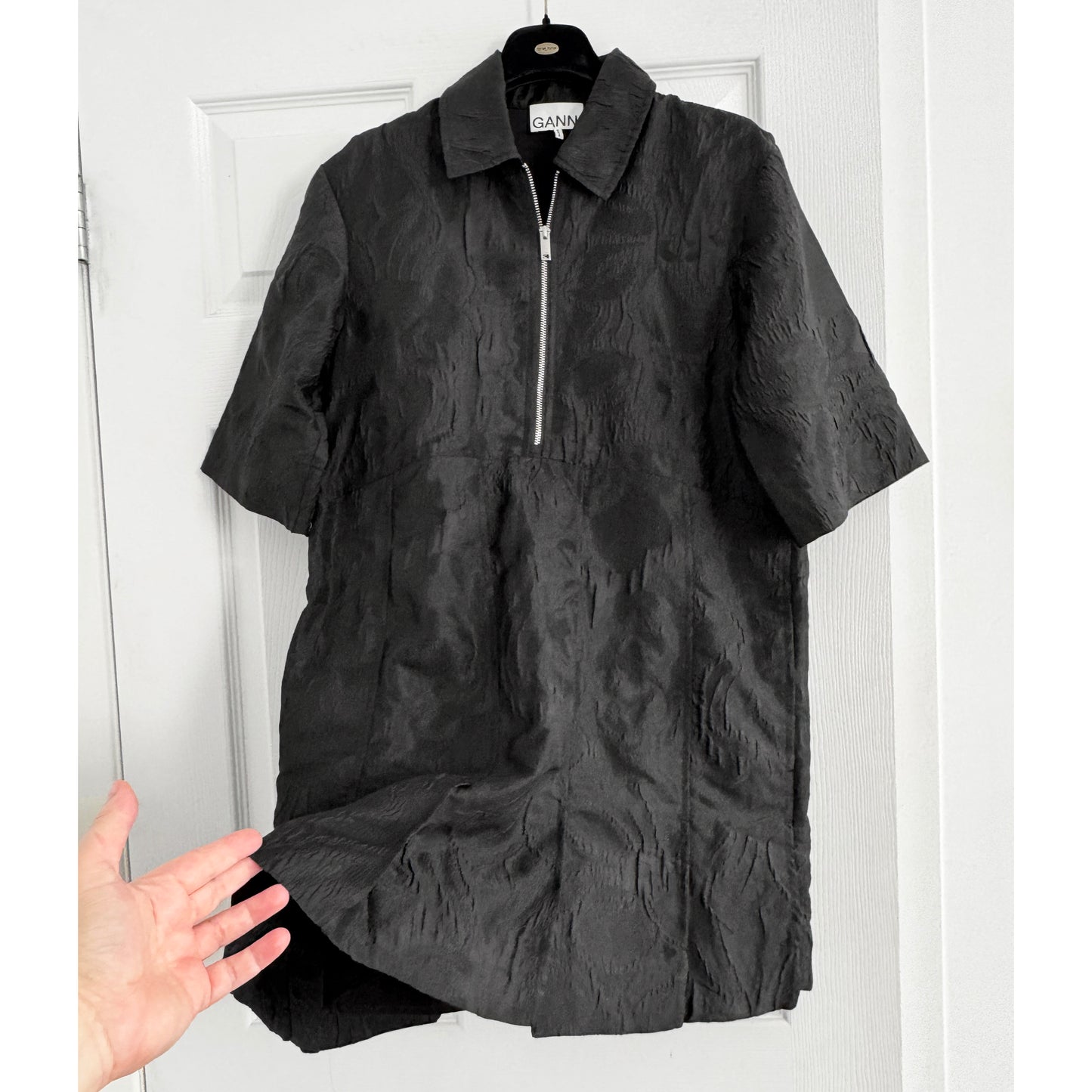 Ganni Textured Jacquard Mini Dress in Black, size 34